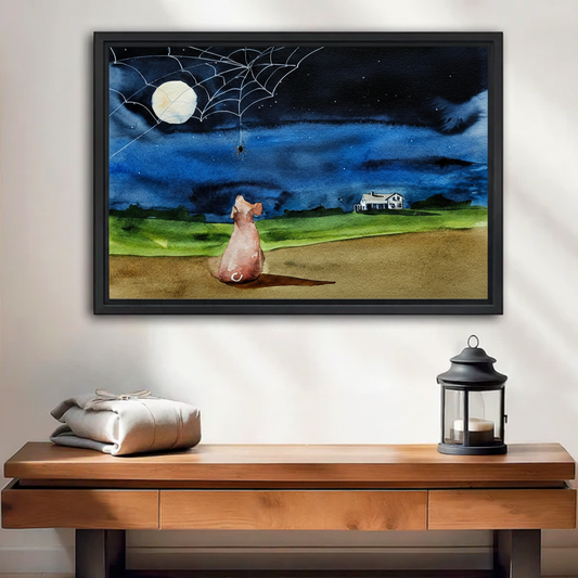 Watercolor dog night sky framed canvas wall art above entryway console, whimsical moon and spiderweb decor