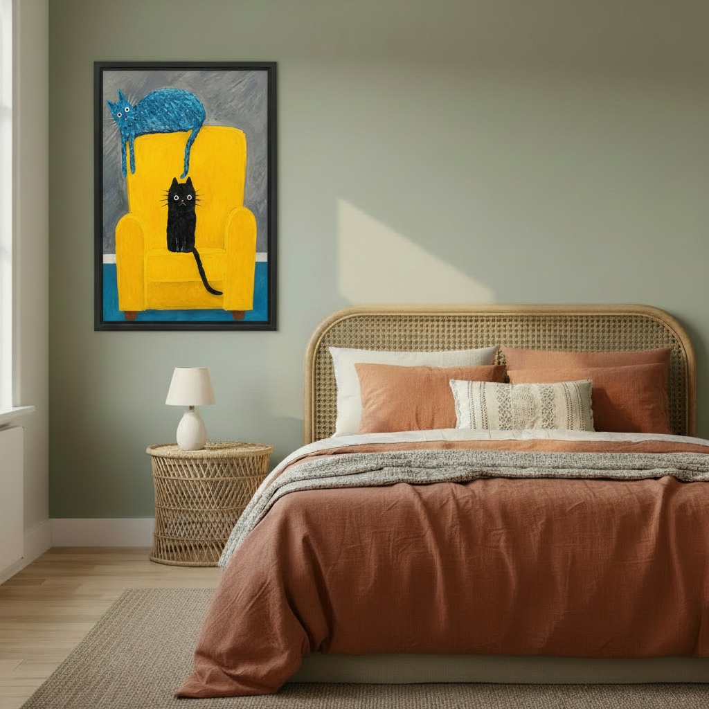 Blue and black cats yellow chair canvas print in cozy bedroom — colorful funny cat wall art, vibrant bedroom decor