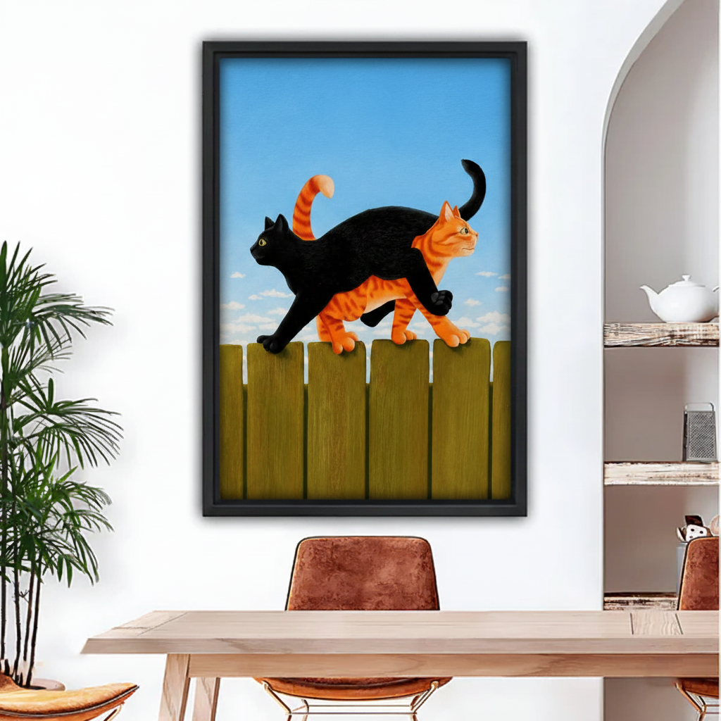 Black and orange tabby cats walking on fence framed canvas wall art above dining table, funny colorful cat home decor