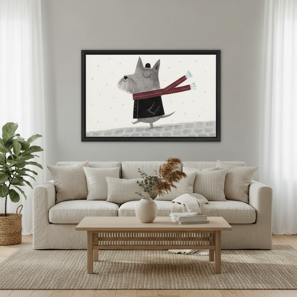 Winter dog illustration canvas wall art, children's book style home decor