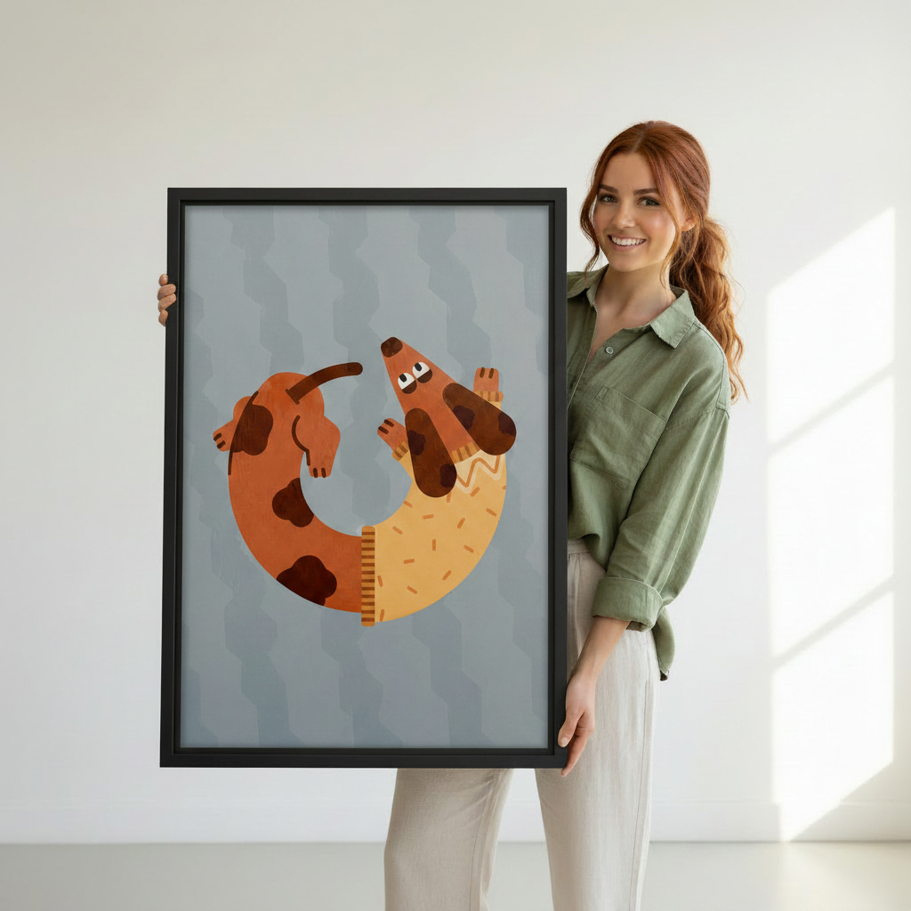 Woman holding funny dachshund circle framed art print against white wall — cute dog wall art lifestyle photo