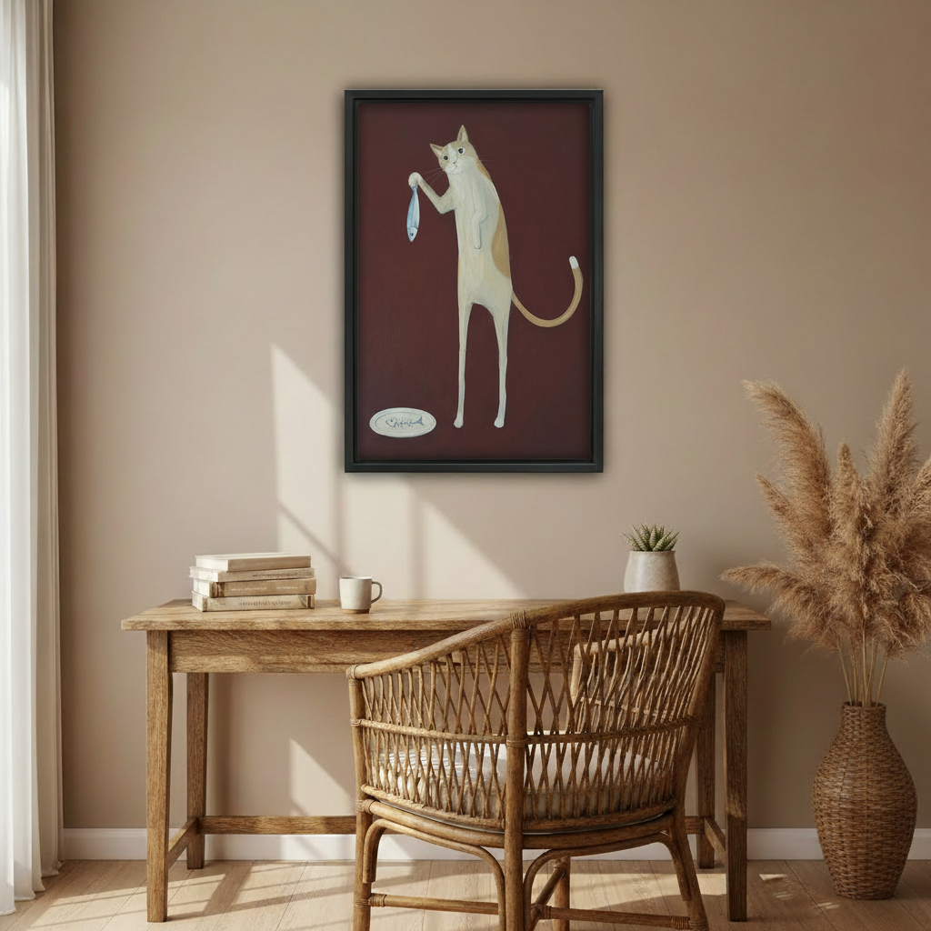Funny tall cat fish canvas wall art in bedroom – whimsical burgundy cat decor