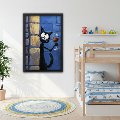 Funny black cat wine canvas print hanging in bright living room above sofa, witty oil painting wall art for modern eclectic home decor