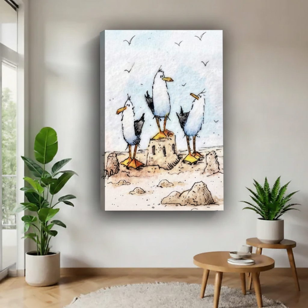 Whimsical seagulls beach watercolor gallery wrap canvas wall art, playful coastal bird illustration for modern beach house decor