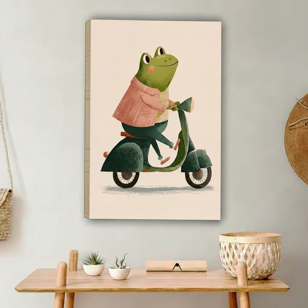 Frog Riding Scooter Cute Wall Art Print Framed l2039