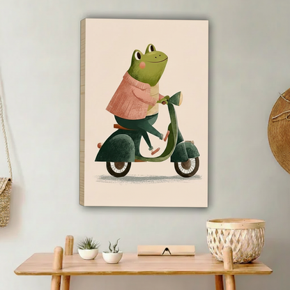Frog Riding Scooter Cute Wall Art Print Framed l2039