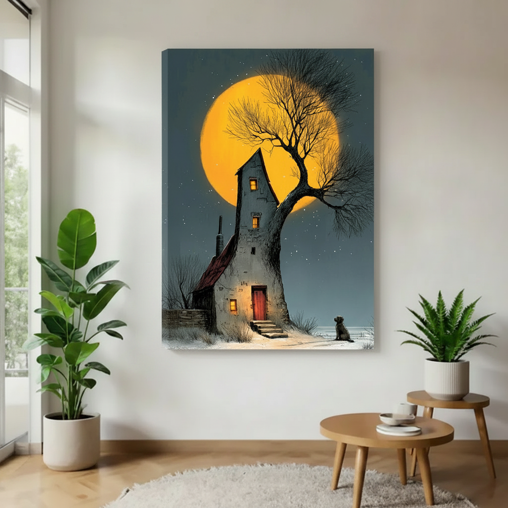 Moonlit cottage dog gothic canvas art print no frame gallery wrap — dark fantasy wall decor
