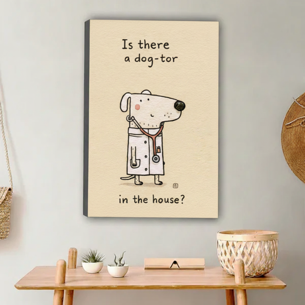 Humorous dog in doctor coat canvas print, funny quote wall art for home decor