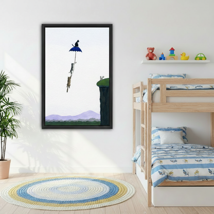 Whimsical flying cats wall art print displayed in modern living room – surreal cat umbrella canvas decor