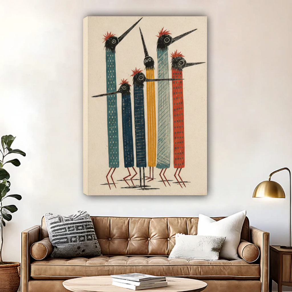 Colorful bird flock illustration print, vibrant folk art style abstract birds, living room wall decor