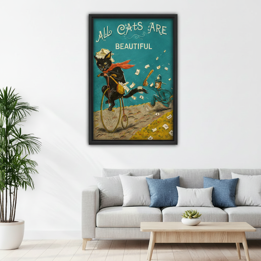 All Cats Are Beautiful funny retro black cat canvas wall art above sofa in living room, vintage teal eclectic home decor
