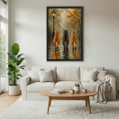 Cat canvas wall art detail — three cats in golden autumn night, impasto oil painting style