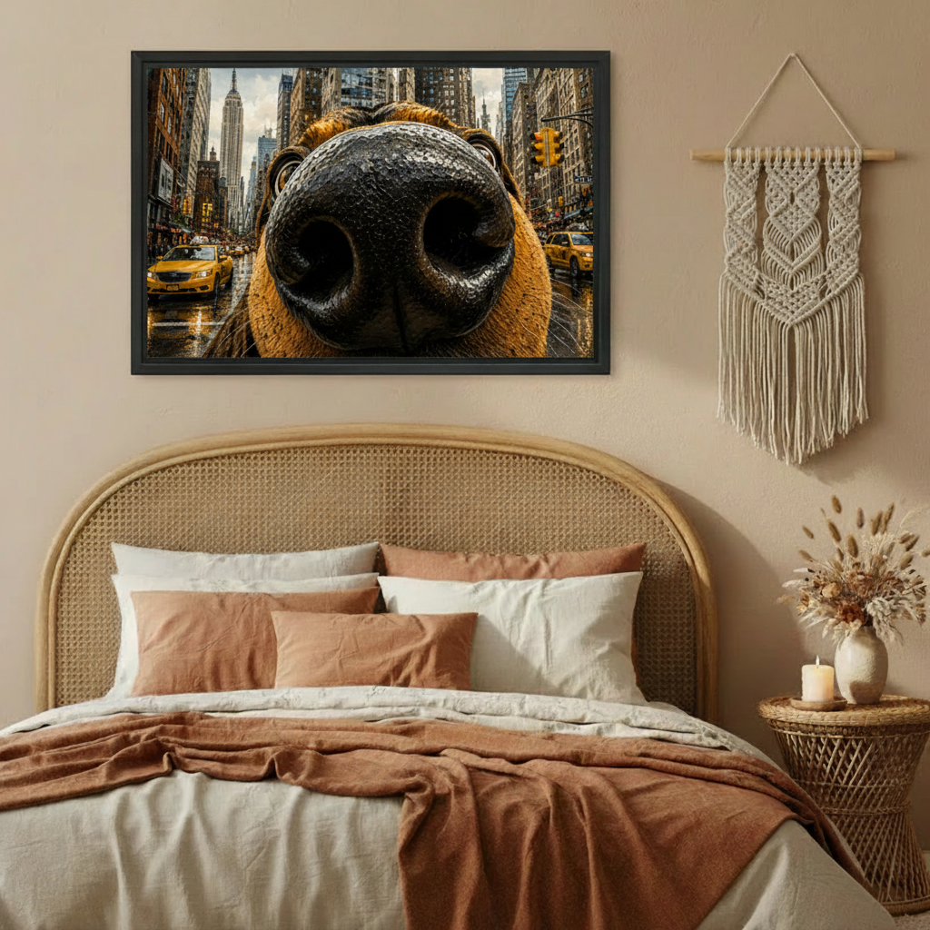 Funny big nose dog New York City canvas print in dining room, urban dog lover photorealistic wall art