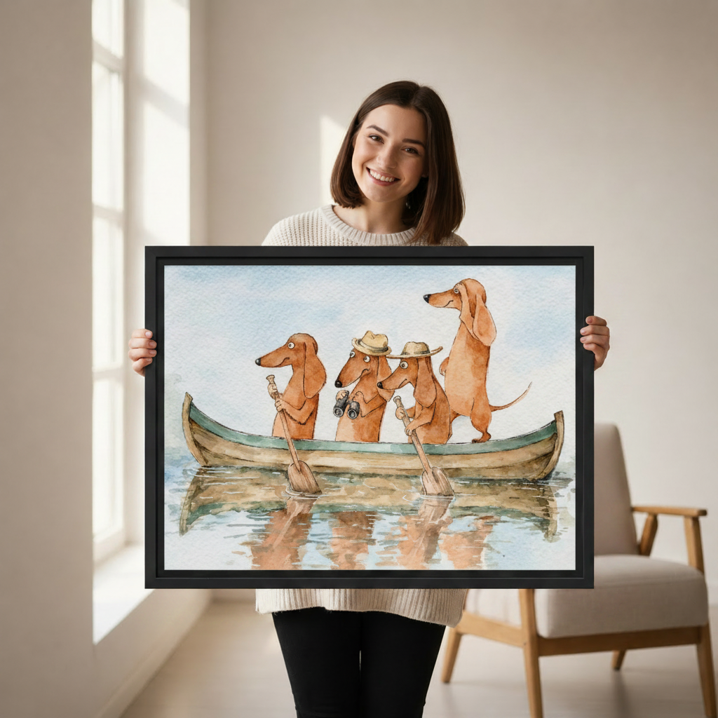 Watercolor dachshunds in canoe canvas print in black frame — whimsical dog adventure wall art for bedroom or entryway