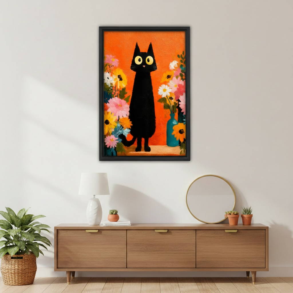 Black cat wall art canvas print featuring colorful flowers and bold orange pop art design