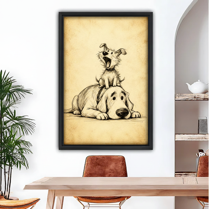 Funny two dogs vintage sketch wall art in black frame, small dog on big dog head, humorous pet illustration, dining room
