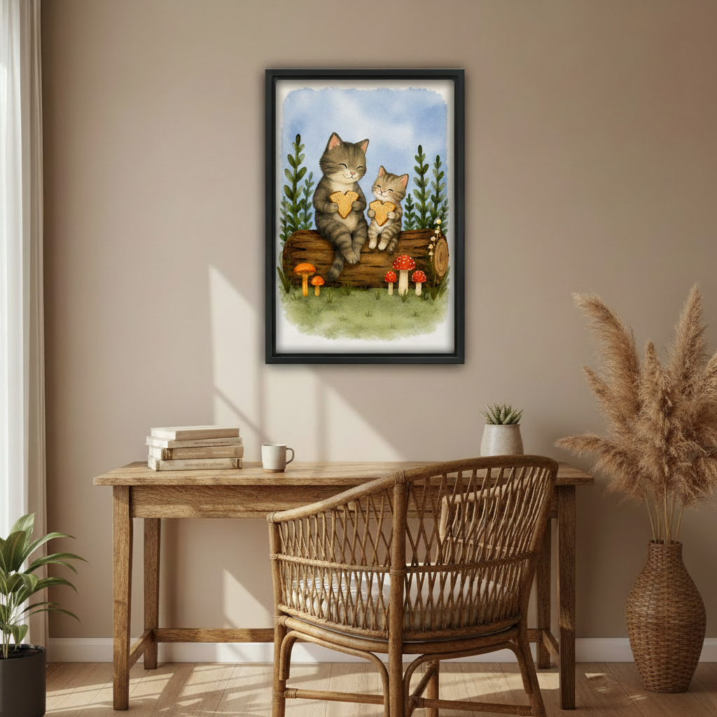 Black framed cat watercolor print hanging in cozy dining room – Liberty Signs wall art