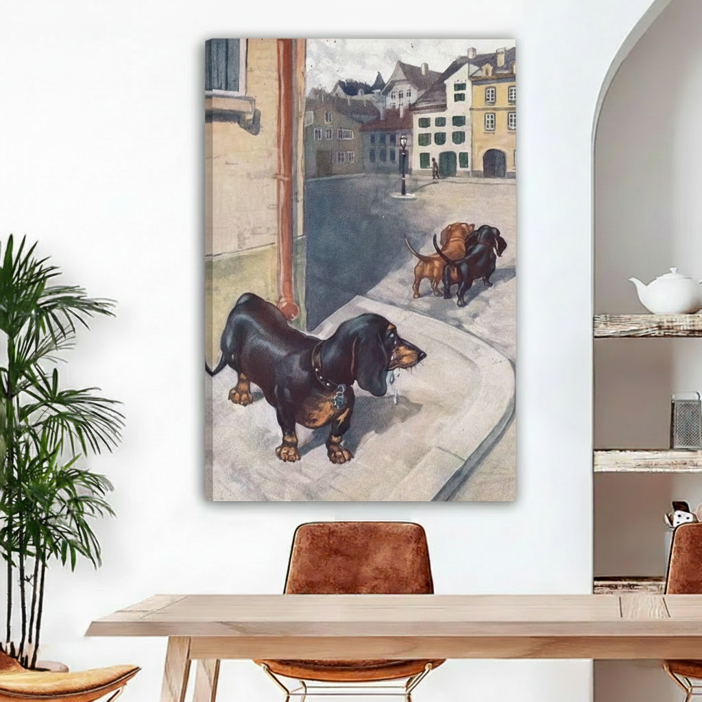 Dachshund watching ex walk by European street gallery wrap canvas art, frameless vintage dog illustration for home decor