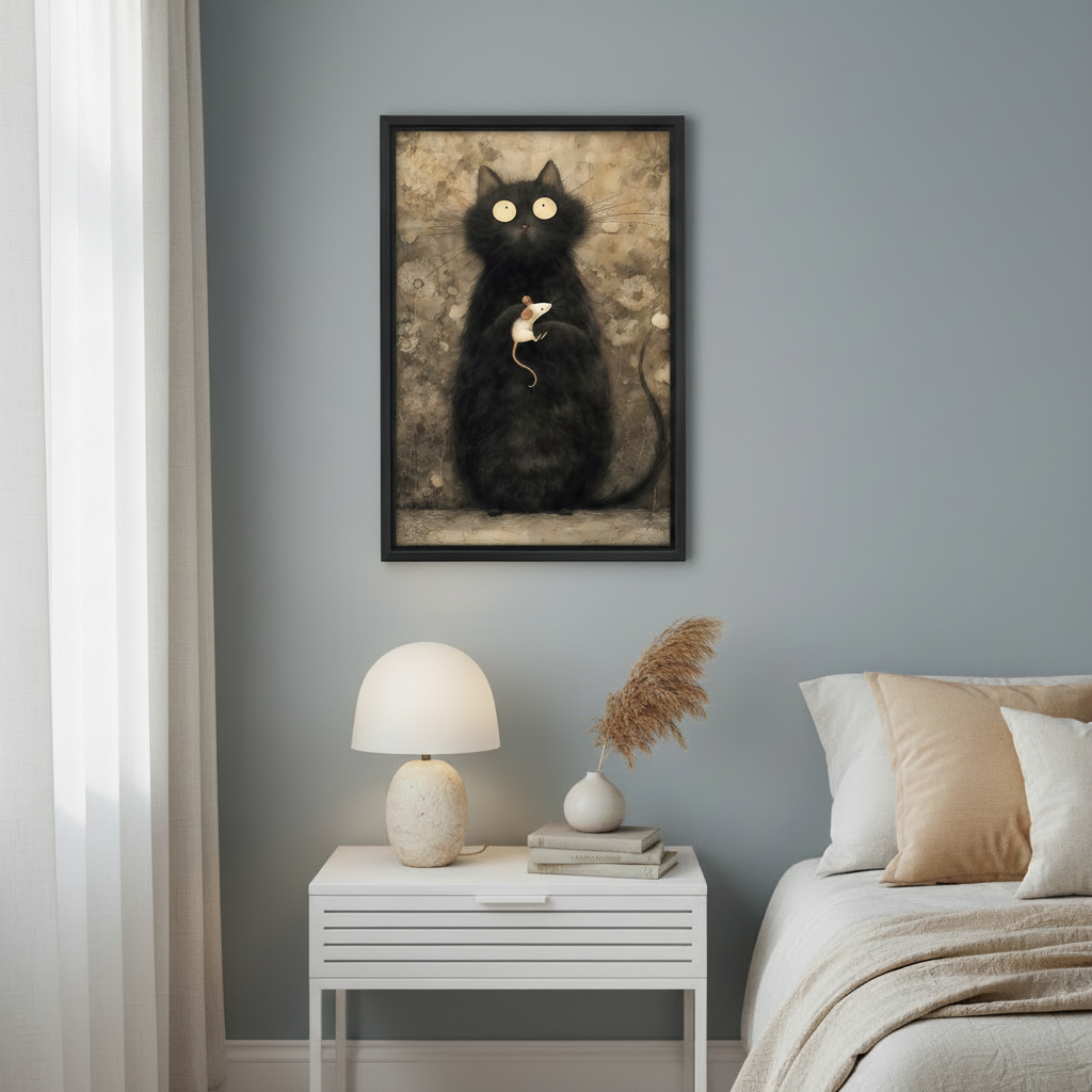Framed vintage cat print hanging on beige wall – Liberty Signs gothic cat lover wall decor