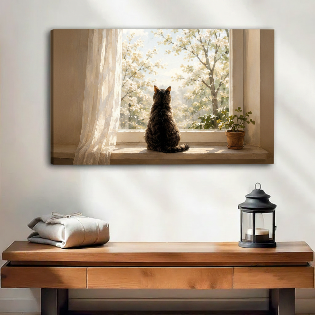 Frameless cat watching spring blossoms canvas art print above dark wood console table