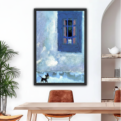 Black white cats window impressionist oil painting framed wall art, black frame, blue window cat illustration, above dining table