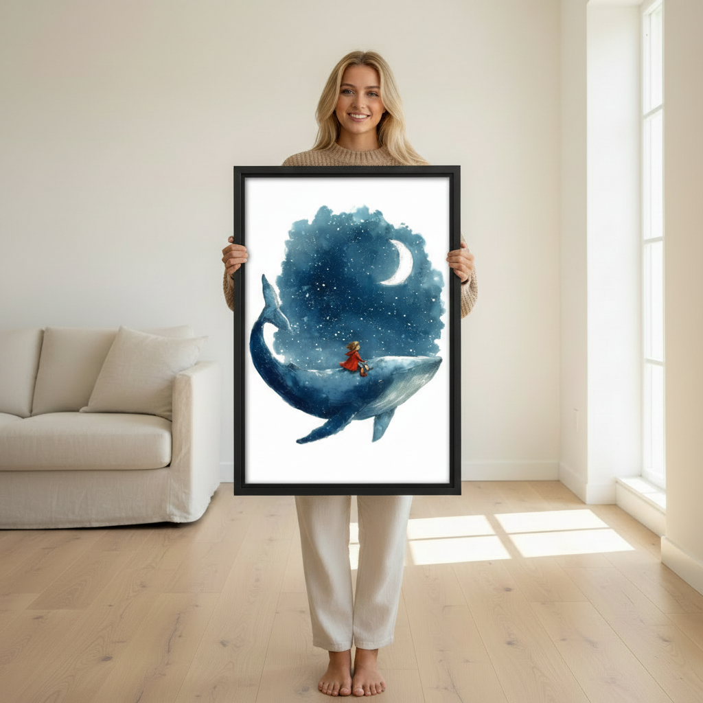 Dreamy Whale Galaxy Girl Watercolor Wall Art Print l1985