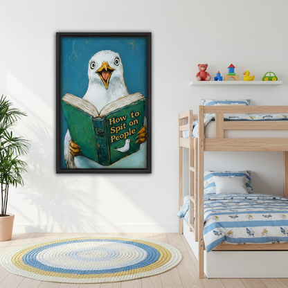 Funny seagull humorous oil painting wall art in black frame, living room sofa decor, coastal animal print