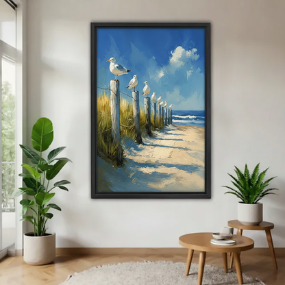 Coastal seagull beach oil painting canvas wall art in black frame above console table — impressionist ocean scene with wooden fence posts
