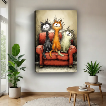 Three wild-haired cartoon cats on red armchair frameless gallery wrap canvas – quirky comic art, displayed in luxury bathroom with warm beige walls