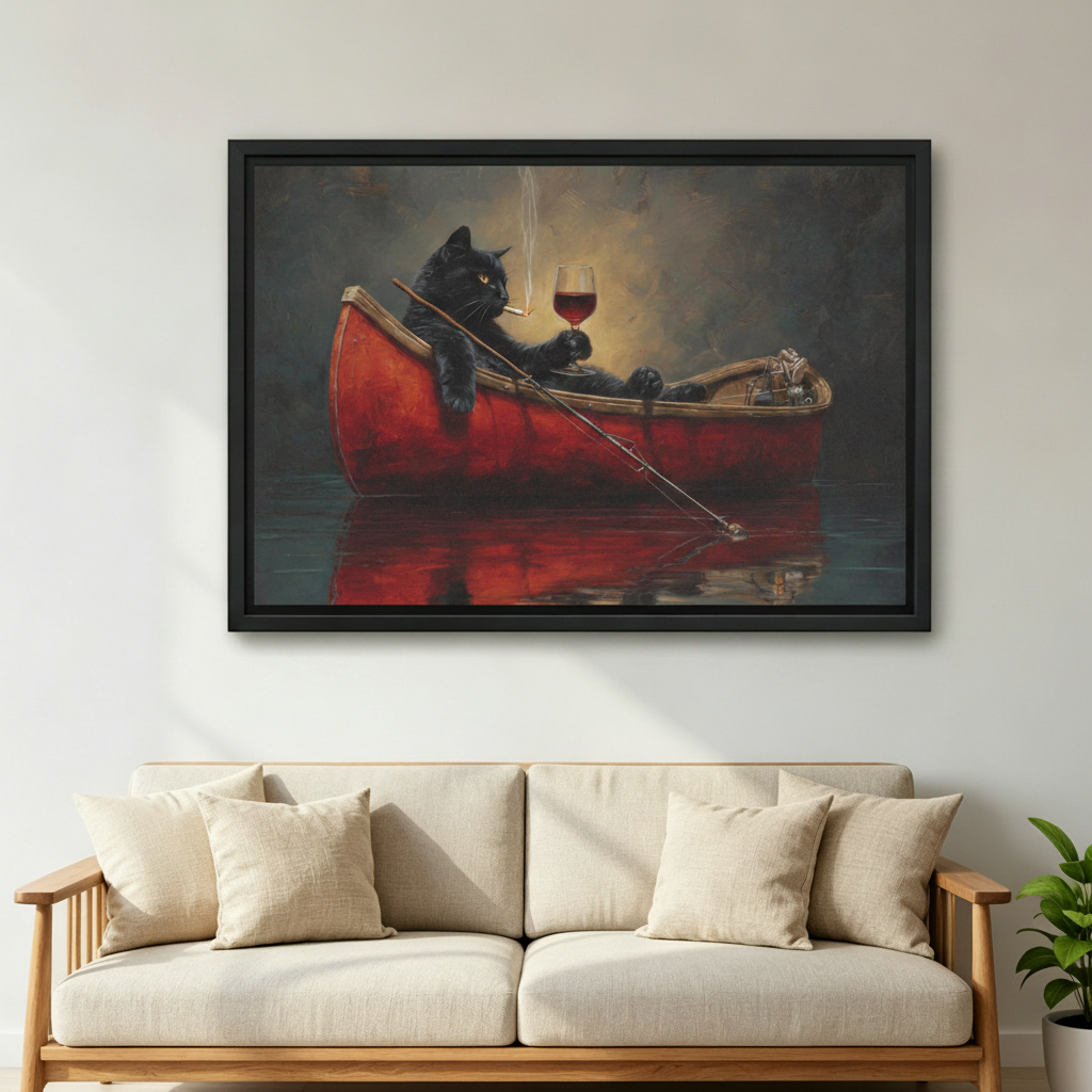 Black cat in a red boat with wine oil painting canvas — frameless gallery wrap displayed above an entryway console