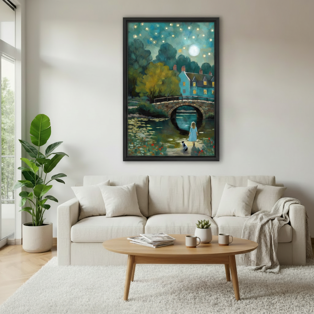 Fantasy moonlit girl and cat canvas wall art above cream sofa — dreamy bridge night scene, romantic living room decor