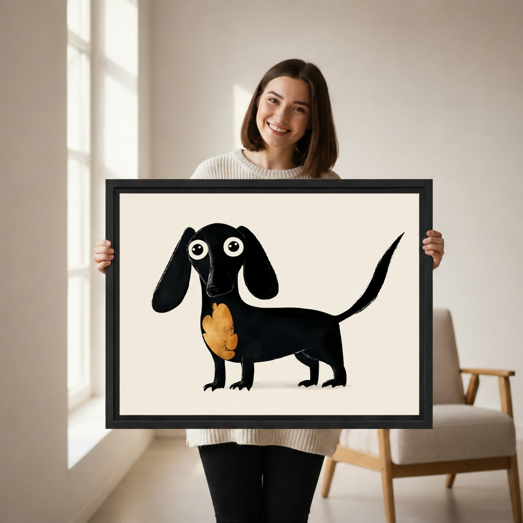 Whimsical black dachshund canvas print, woman holding large framed dog wall art, minimalist pet decor gift idea