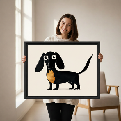 Whimsical black dachshund canvas print, woman holding large framed dog wall art, minimalist pet decor gift idea