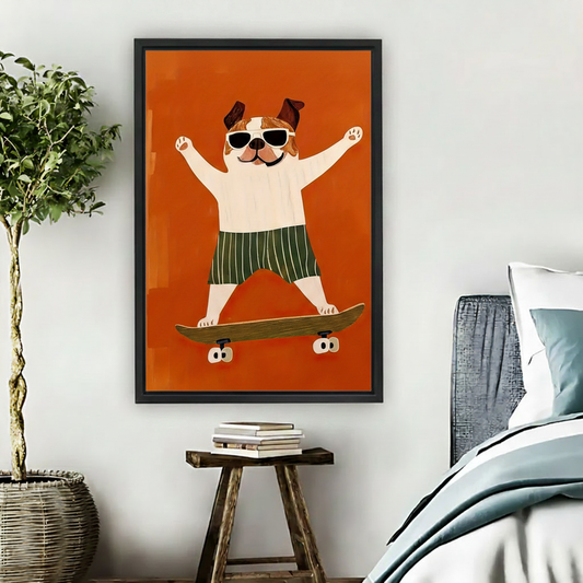 Skateboarding Bulldog Funny Animal Wall Art Print l1976