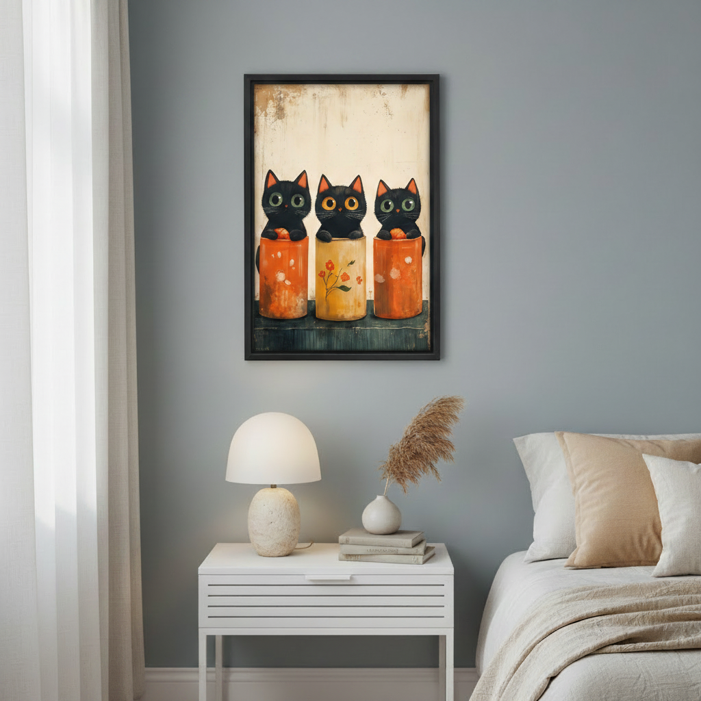 Three black cats peeking from orange ceramic pots — vintage folk art illustration print