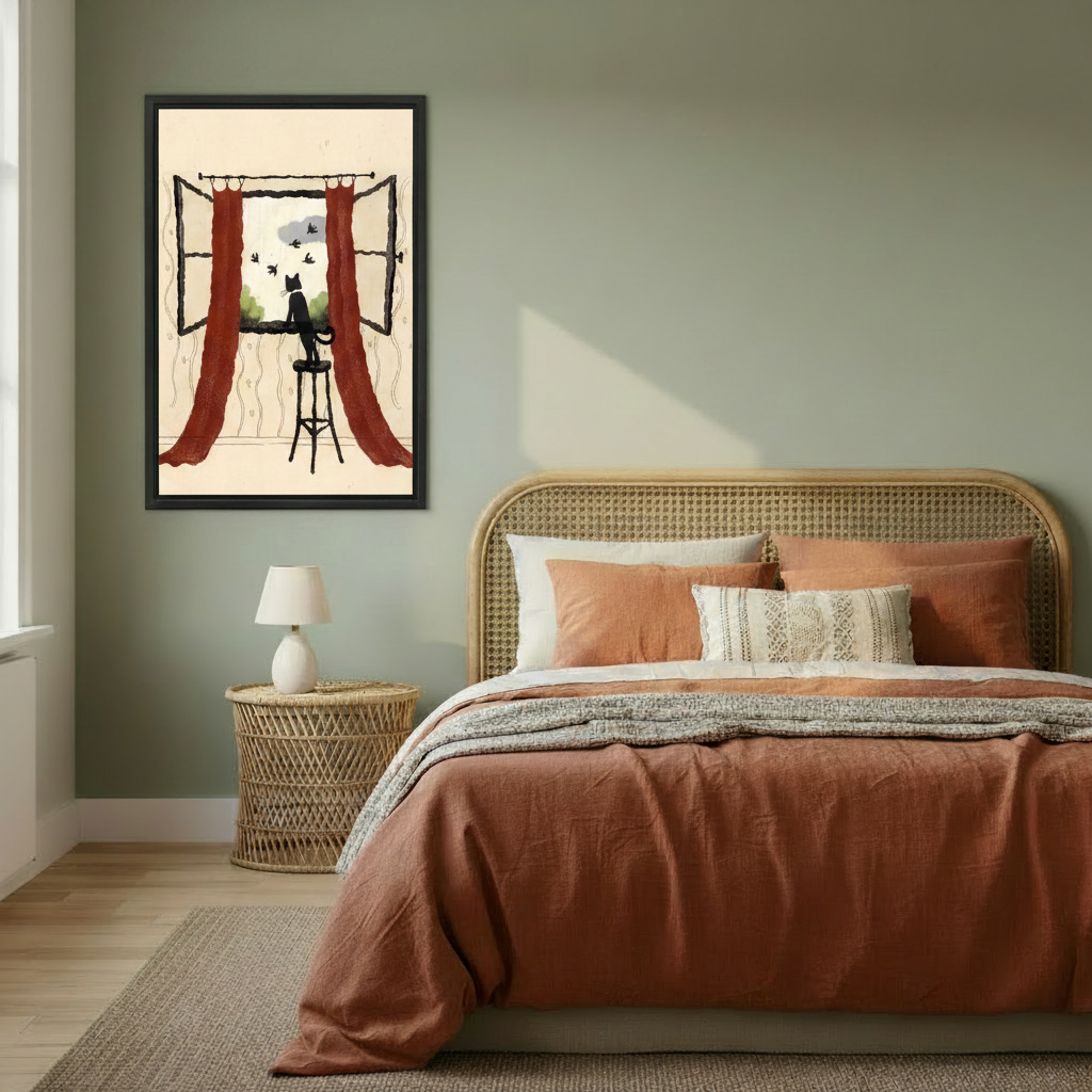 Black cat by the window framed canvas wall art in modern living room — whimsical cat print for living room wall decor