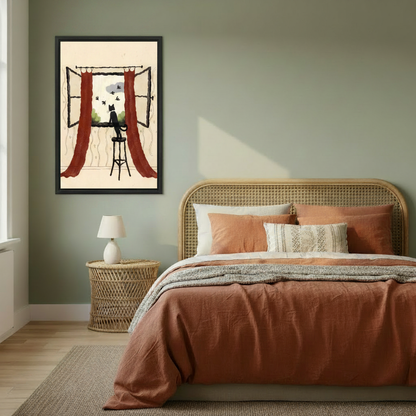 Black cat by the window framed canvas wall art in modern living room — whimsical cat print for living room wall decor