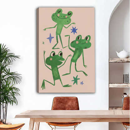 Whimsical dancing frogs gallery wrap canvas art on white wall, frameless nursery wall decor