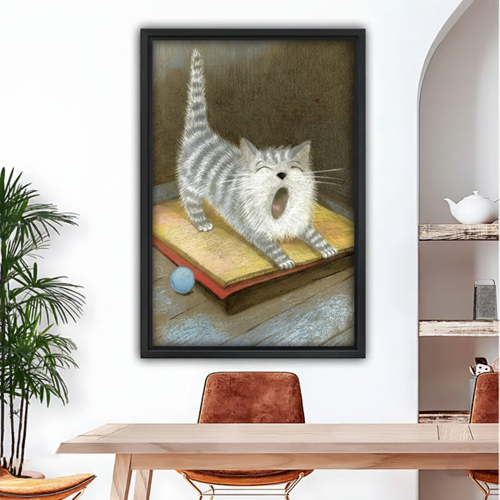 Funny yawning tabby cat vintage oil painting framed canvas wall art, black frame, grey striped cat stretching on wooden board with blue ball, displayed in a modern dining room