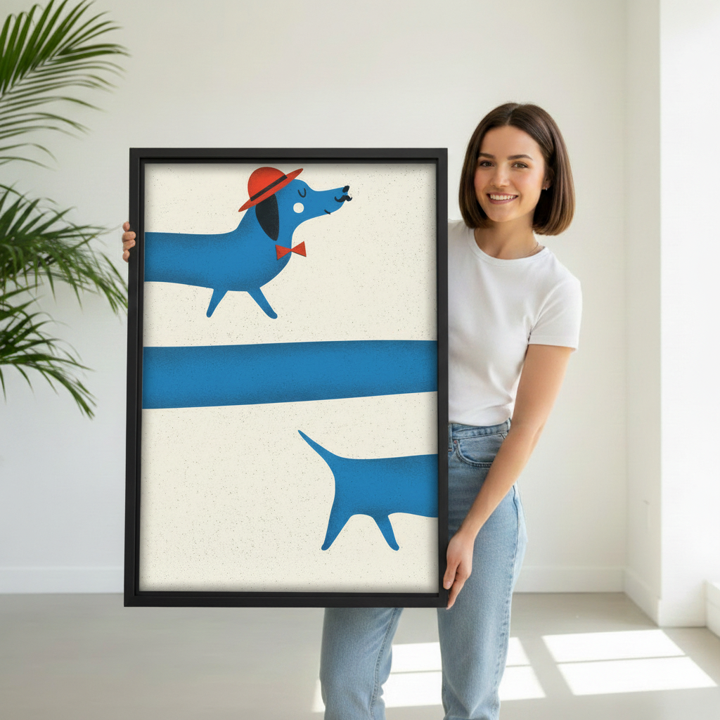 Retro blue dachshund framed canvas hanging in dining room, funny long dog wall art with bow tie, dog lover gift idea