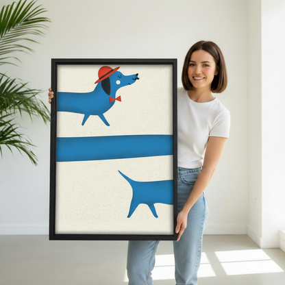 Retro blue dachshund framed canvas hanging in dining room, funny long dog wall art with bow tie, dog lover gift idea