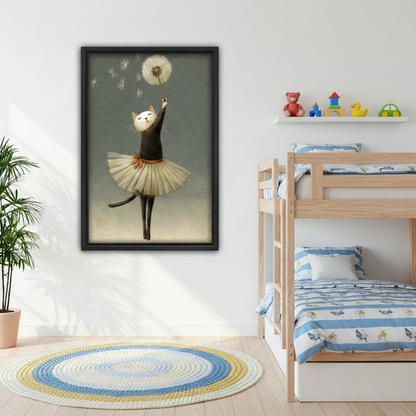Whimsical ballerina cat dandelion framed canvas wall art in bedroom, dreamy black cat in tutu nursery wall decor