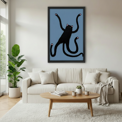 Funny long arm black cat framed canvas wall art displayed in a modern living room, quirky blue minimalist home decor