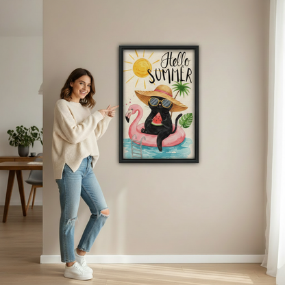 Hello Summer framed canvas wall art featuring black cat on pink flamingo float ring, bright summer home decor