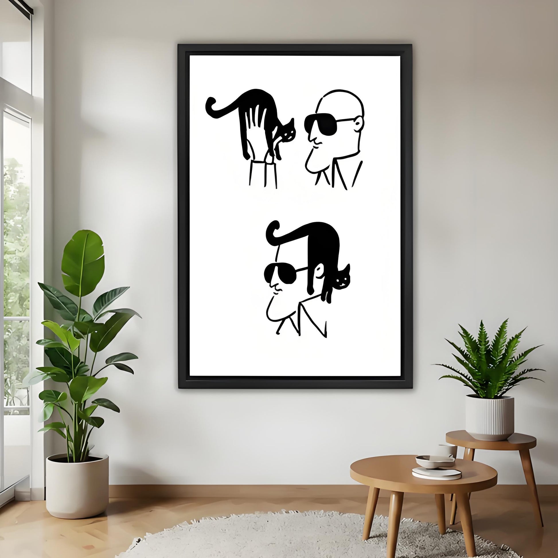 Minimalist black and white cat line art framed print displayed in modern living room wall decor