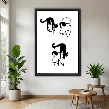 Minimalist black and white cat line art framed print displayed in modern living room wall decor
