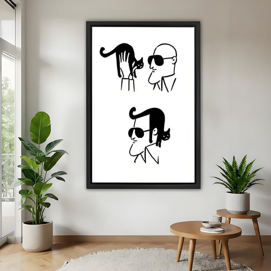 Minimalist black and white cat line art framed print displayed in modern living room wall decor