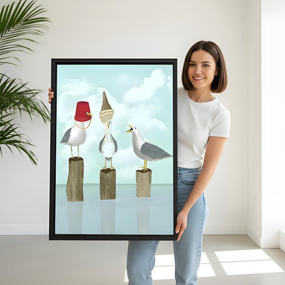 Funny Three Seagulls Coastal Framed Wall Art Print l2594