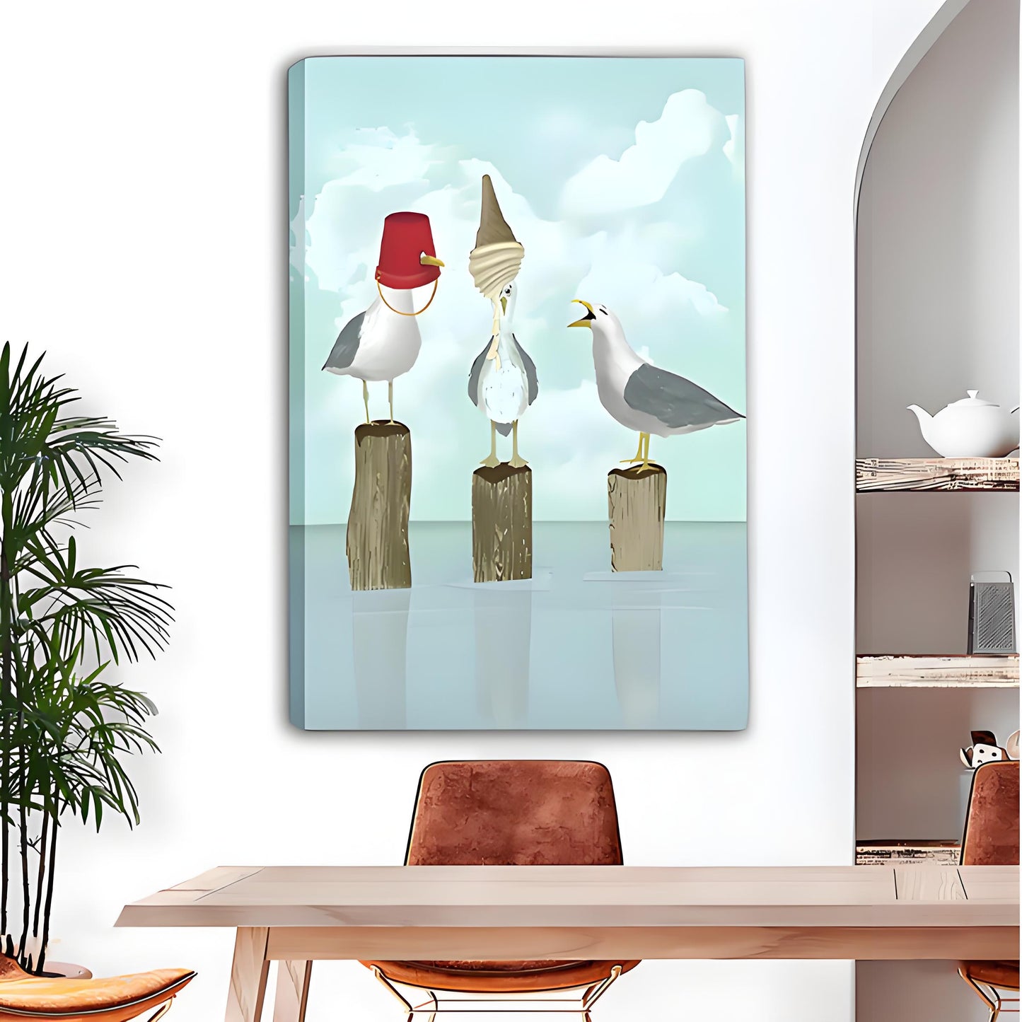 Quirky three seagulls coastal canvas wall art displayed in dining room — beach humor home decor