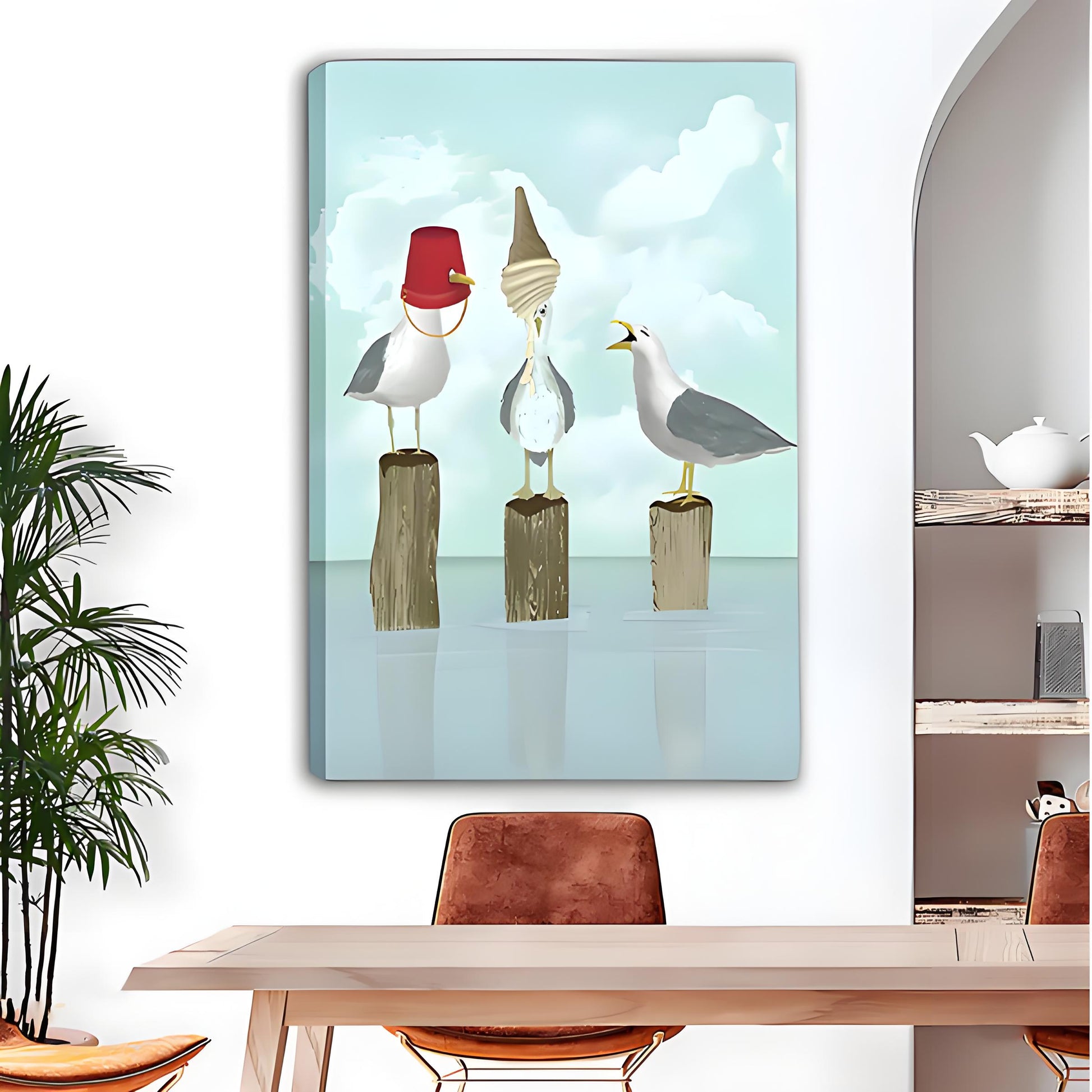 Quirky three seagulls coastal canvas wall art displayed in dining room — beach humor home decor